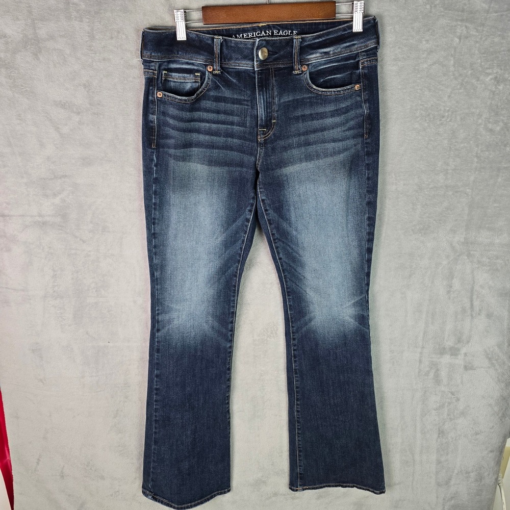 American Eagle Kick Boot Jeans Womens 10 Long Dark Wash‎ Stretch Mid Rise Blue